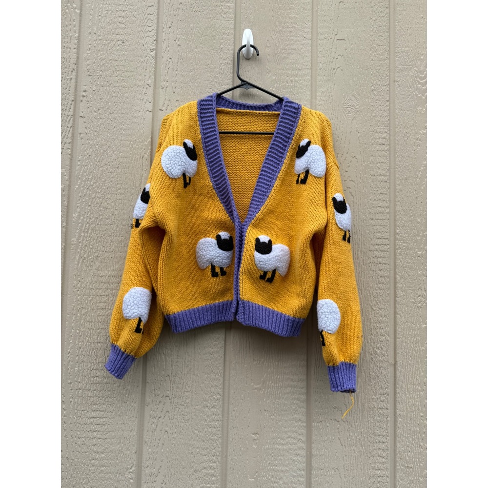 Unbranded Medium Sheep Cardigan Cottagecore Yellow Knit 3D Applique Sweater